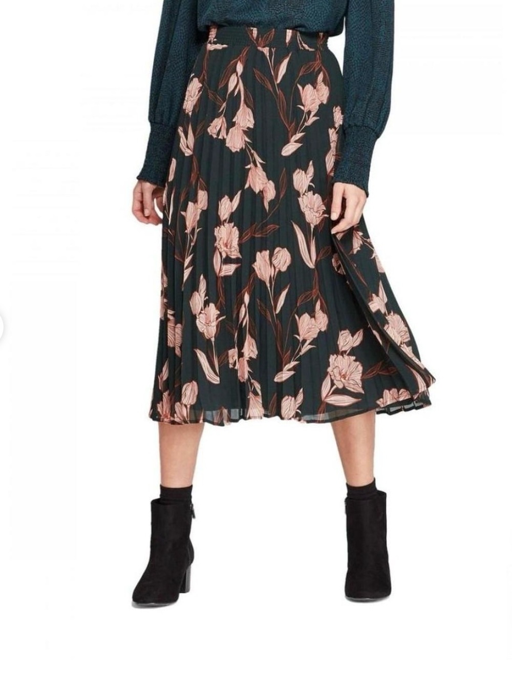 A New Day Pleated Floral Midi Skirt in Dark Green with Pink Bloom